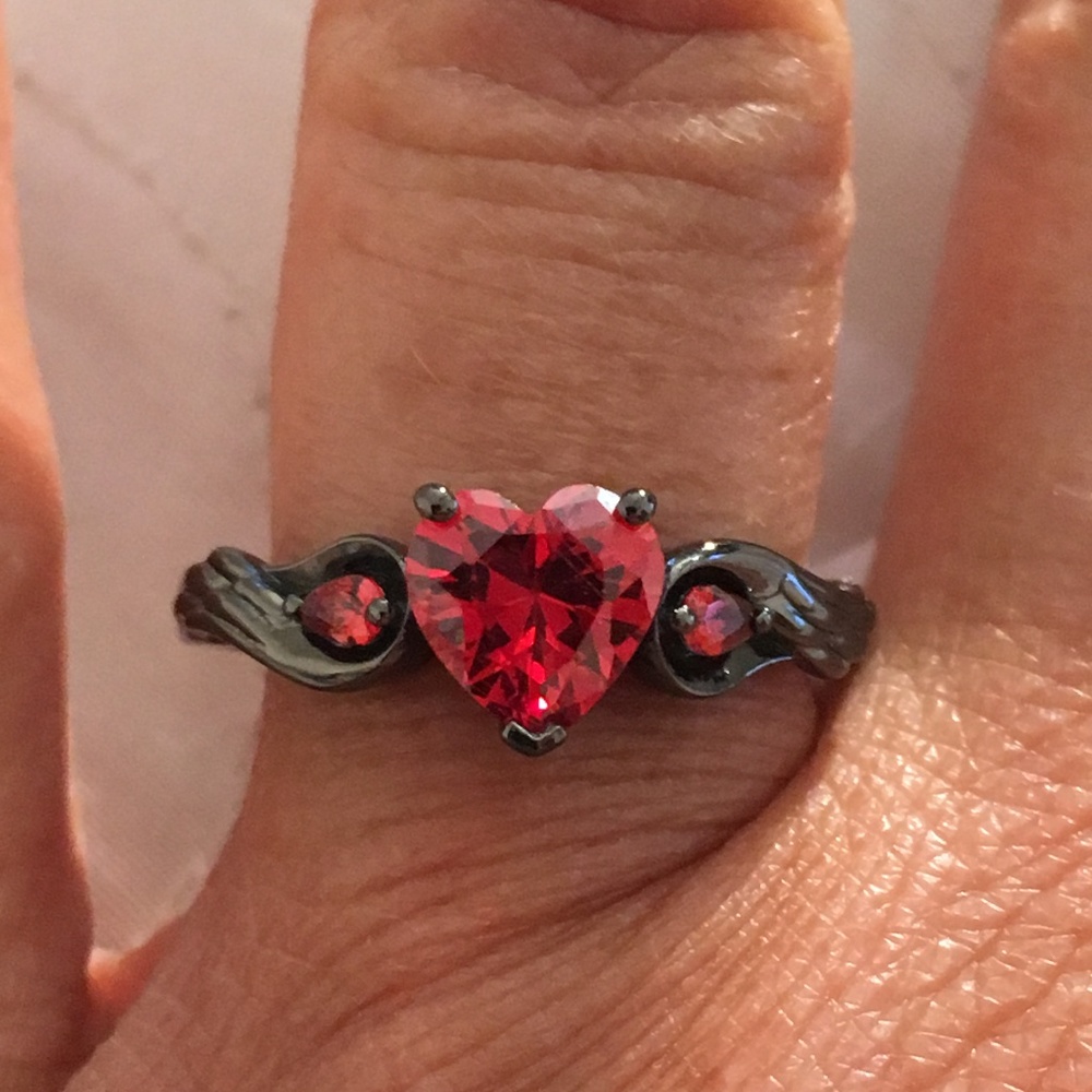 Sterling Silver Black Ruby Heart Wing Promise Ring